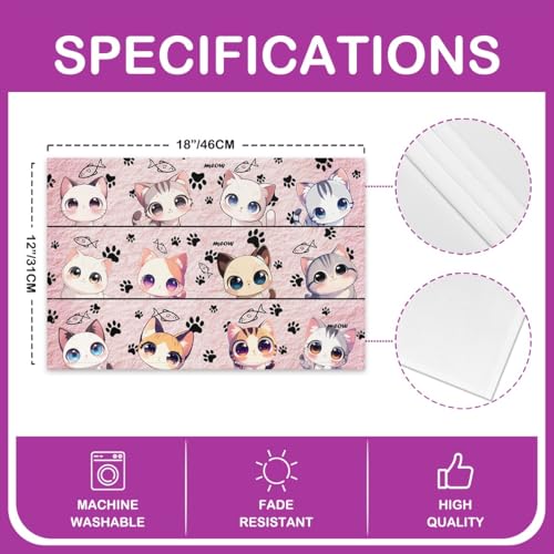 Cartoon Cat Placemats Set of 4,Cute Kitten Kitty Cat Washable Place Mats 12x18 Inch for Dining Table Decorations,Kawaii Animals Cartoon Pink Style Table Mats for Kitchen Decor Dinner Indoor