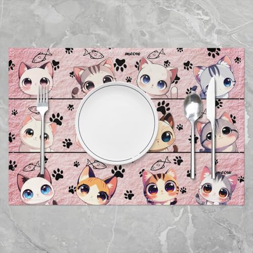Cartoon Cat Placemats Set of 4,Cute Kitten Kitty Cat Washable Place Mats 12x18 Inch for Dining Table Decorations,Kawaii Animals Cartoon Pink Style Table Mats for Kitchen Decor Dinner Indoor