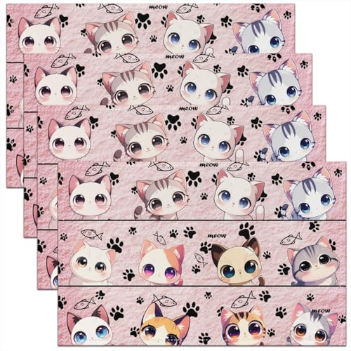 Cartoon Cat Placemats Set of 4,Cute Kitten Kitty Cat Washable Place Mats 12x18 Inch for Dining Table Decorations,Kawaii Animals Cartoon Pink Style Table Mats for Kitchen Decor Dinner Indoor