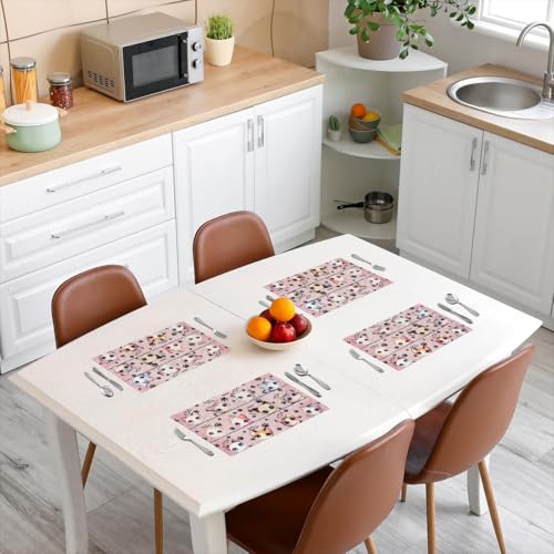 Cartoon Cat Placemats Set of 4,Cute Kitten Kitty Cat Washable Place Mats 12x18 Inch for Dining Table Decorations,Kawaii Animals Cartoon Pink Style Table Mats for Kitchen Decor Dinner Indoor